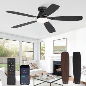 52 Inch Ceiling Fans with Lights and Remote Control,Modern Flush Mount Ceiling Fan with 3CCT Dimmable,Low Profile Ceiling Fans with 6-Speeds Reversible DC Motor for Bedroom Living Room(Black)