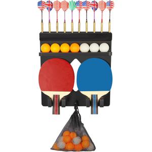 Ping Pong Paddle Holder Wall Mount Hold 8 Paddles, Ping Pong Rack Dart Holder 2-in-1, 100% Solid Wood Table Tennis Organizer, Black