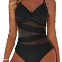 Women's Sexy Mesh Tummy Control Swimsuits V Neck Push Up One Piece Bathing Suits Slimming Swimwear (Black, L)