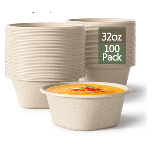 32 Ounce Large Paper Bowls Disposable Soup Bowl Disposable Heavy Duty Compostable Bowls, Eco-friendly Sugarcane and Bamboo Bagasse Biodegradable Bowl for Soup, Salad, Dessert, Ice Cream [100 Pack]