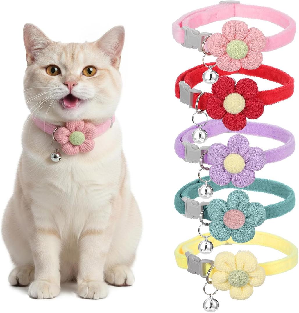Teaaha 5 Pack Cute Cotton Kitten Collar with Bell, Safety Buckle Flower Cat Collars Breakaway for Boy Girl Cats, Soft Kitty Bells Collar Adjustable from 8.7 to 13.7 Inches(5 Color)