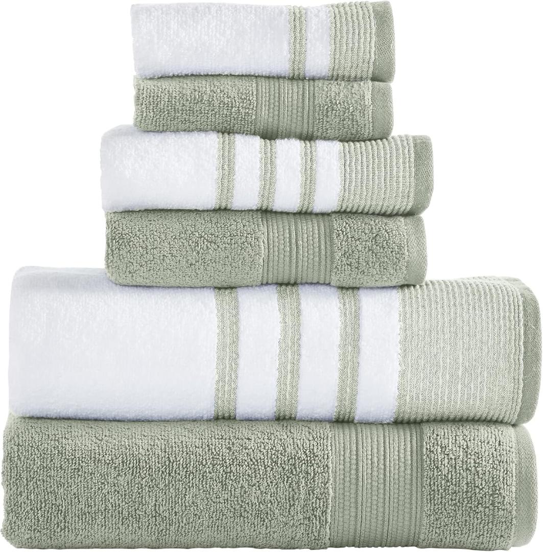 Modern Threads 6 Piece Set, 2 Bath Towels, 2 Hand Towels, 2 Washcloths, Quick Dry White/Contrast Reinhart Sage