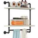 Helsin 24inch Industrial Pipe Shelving Bathroom Shelves Wall Mounted with Towel bar, 2 Tier Rustic Wood Floating Shelf, Metal Towel Rack Wall Shelf for Home & Bathroom (White, 24inch)