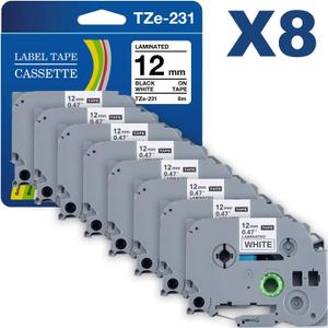 TZc-231 12mm 0.47 Laminated White Label Replacement for Brother Label Maker Tape P-Touch Label Tape Compatible with PT-D210 PT-H110 PT-D220 PT-D400 D410 D600 (8 Pack)