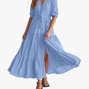 BTFBM Women Summer Dresses Short Sleeves V Neck Button Drawstring Maxi Dresses Solid Color Boho Long Dresses S, Blue