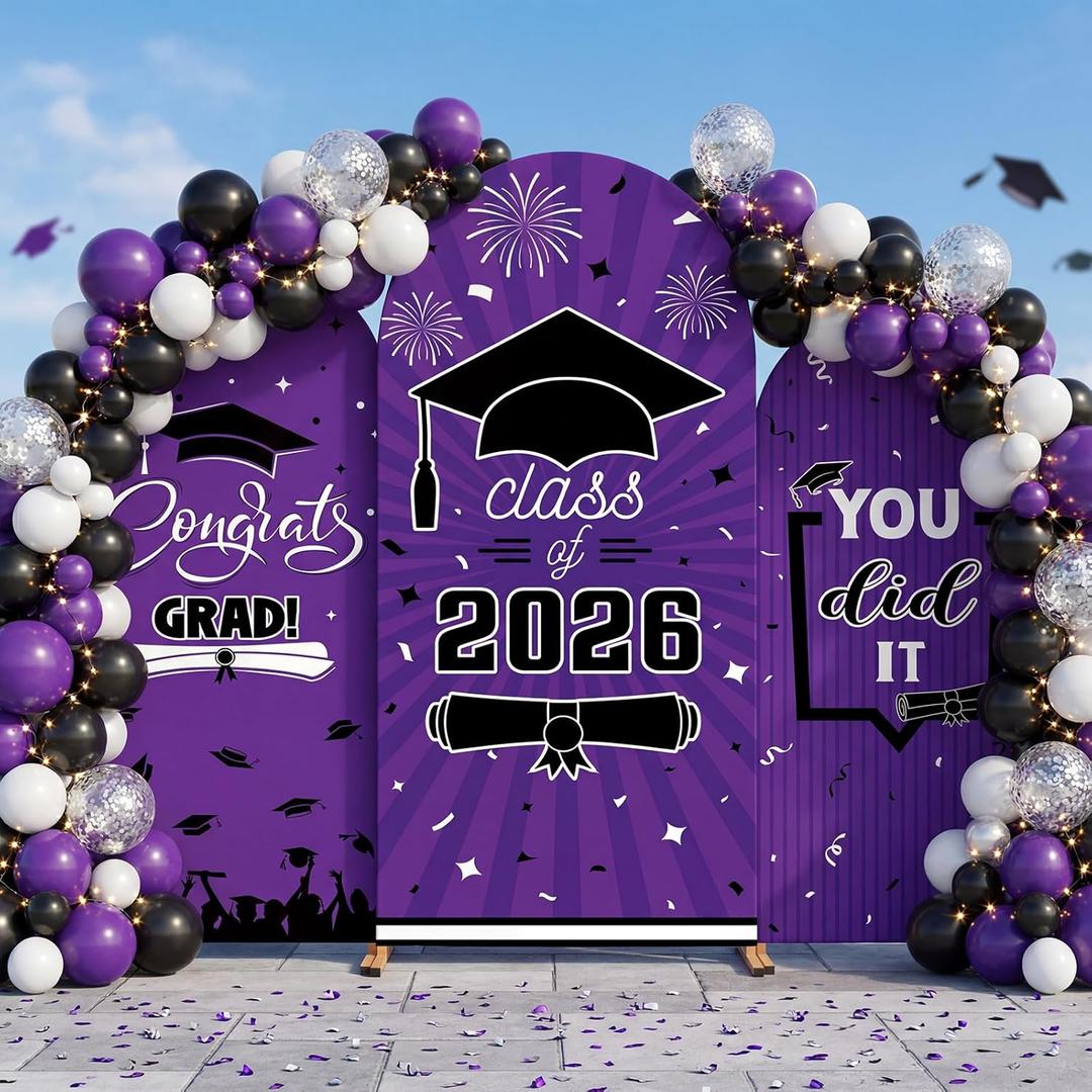 WovWeave Graduation Arch Backdrop Stand Cover Set of 3-4ft 5ft 6ft Grad Arch Cover Photo Booth Backdrop Decorations for Graduation Party Decor Supplies (Purple,Class of 2026)