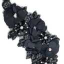 1pc Handmade Rhinestone Applique for Clothes, 3D Flower Fabric Patches for Wedding Dress, Bling Beaded Embroidery Lace Applique for Hat Hairband Sewing Embellishment (Black)