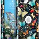 Hocase for iPhone 17e/iPhone 16e Case, Heavy Duty Shockproof Protection Hard Plastic+Silicone Rubber Hybrid Protective Phone Case for iPhone 17e/16e 6.1" - Butterflies in Garden
