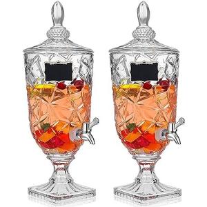 Zhehao 2 Pcs Drink Dispensers for Parties 1.3 Gallon Glass Beverage Dispenser Clear Vintage Crystal Iced Beverage Dispenser with Spigot and 2 Wooden Chalkboard Wide Mouth Beverage Server for Bar Home