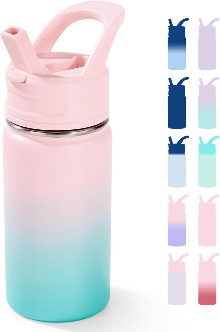 12oz Kids Water Bottle for School, Toddler Bottles with Straws, Stainless Steel Vacuum Insulated Water Bottle for Boys&Girls, Leak-Proof, BPA-Free, Bubble Gum