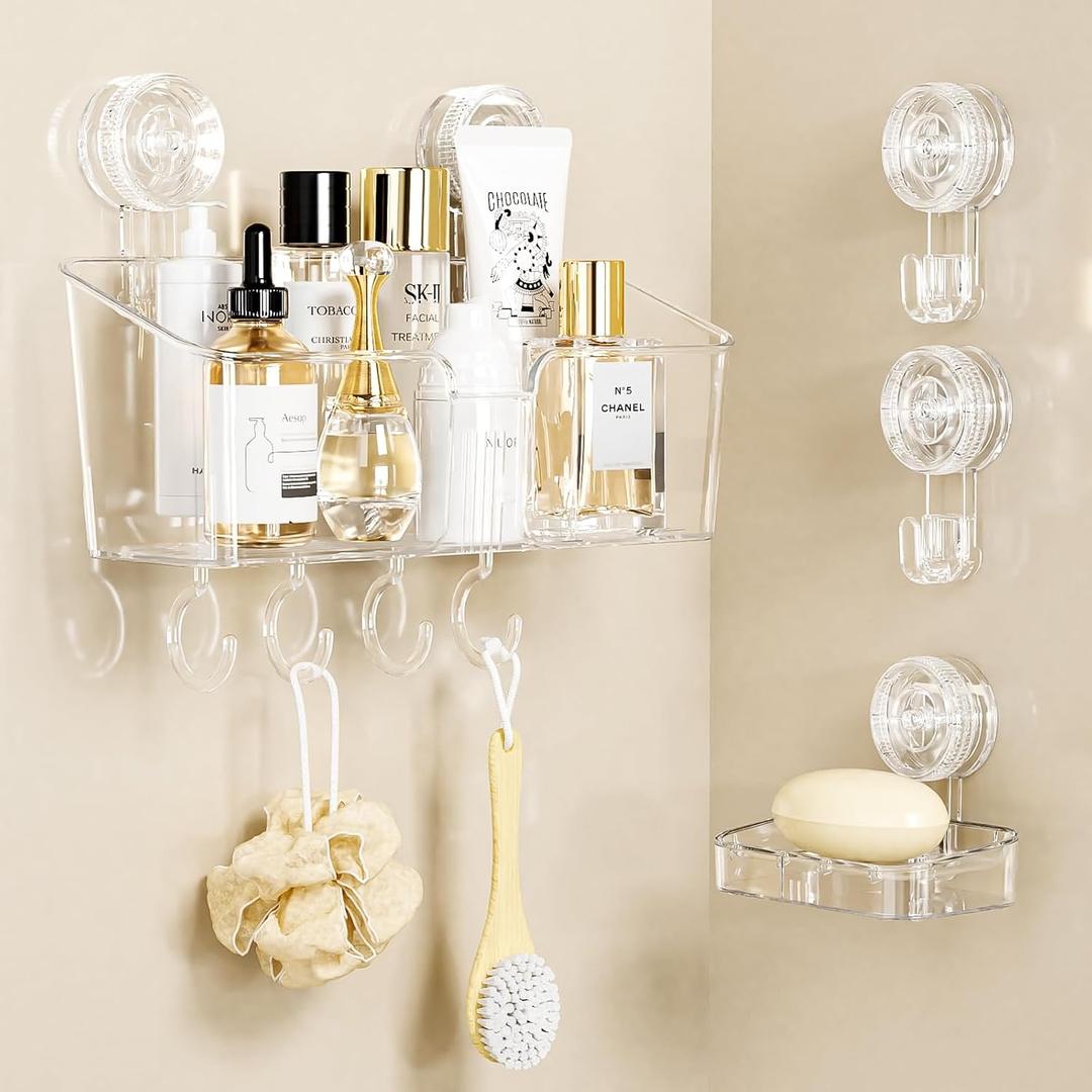 LUXEAR 4 Packs Shower Caddy Suction Cup Clear White - Shower Shelf+Soap Dish+Suction Hooks - 1 Second Installation NO-Drilling Removable Powerful Waterproof Shower Organizer for inside Shower Bathroom
