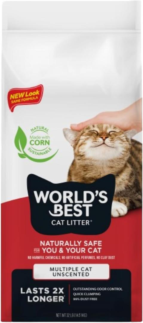 WORLD'S BEST CAT LITTER Multiple Cat Unscented, 32-Pounds - Natural Ingredients, Quick Clumping, Flushable, 99% Dust Free & Made in USA - Long-Lasting Odor Control & Easy Scooping