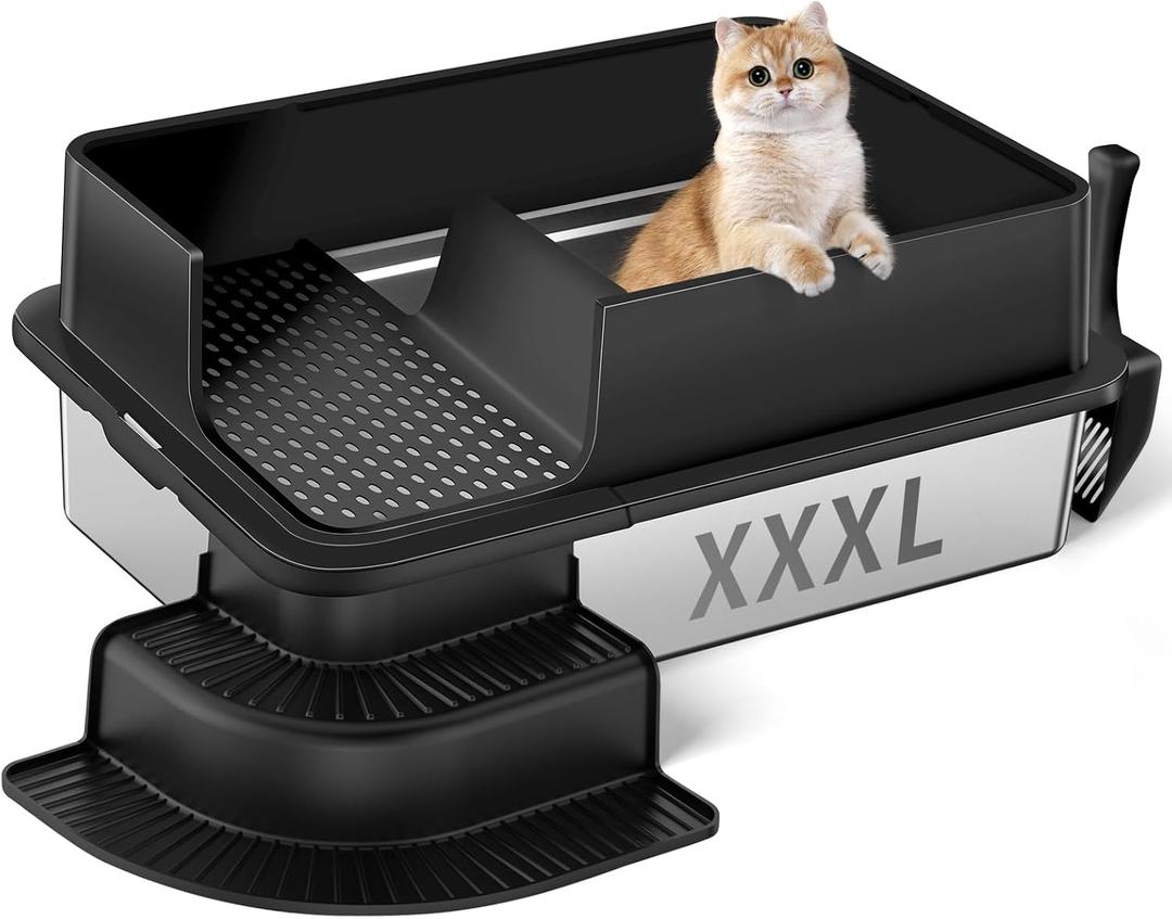 XXXL Stainless Steel Litter Box, 28"x20"x12" Extra Large Semi Enclosed High Sided Metal Cat Litter Box with Filtered Grid, Step, Scoop, Non-Sticky, Non-Odor, Easy Cleaning (Black)