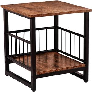 End Table, Industrial Side Table with 2-Tire Storage Shelf, 180LBS Mini Fridge Stand with Adjustable Feet, 18"x18" Wood Night Stand Small Bedside Table with Sturdy Metal Frame for Living Room Bedroom, 1 Pack