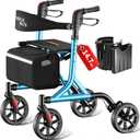 WALK MATE Rollator Walker for Seniors with Cup Holder, Upgraded Thumb Press Button for Height Adjustment, 8 Inch Wheels Walker with Seat Folding 14.7lb Lightweight Walking Aid, 300 lb Capacity, Blue