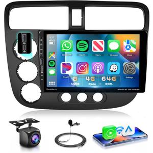 Type-C/USB 8Core 4G 64G for Honda Civic 2001-2005 Radio,5.0 Bluetooth Car Stereo with Wireless CarPlay 9inch 1280x720P Touchscreen 59UIs Android Auto GPS FM/RDS WiFi DSP 46EQ Backup Camera