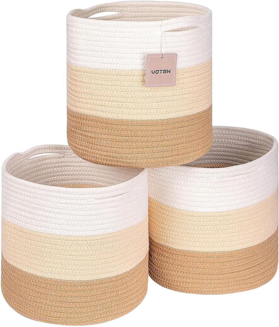 voten Round Storage Cubes Baskets Bins Organizer 11x11x11'' Fit 12x12'' Cube Storage, Durable Woven Cotton Rope, 3-Tone Honey, 3-Pack, Collapsible (L11xW11xH10.7)