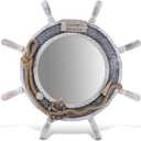 CoTa Global Silver Sea Beach Wall Decor Nautical Ship Wheel Mirror - Handcrafted Wooden Ship Wheel Mirror with Hanger, Nautical Themed Home Decor, Decorative Ornament