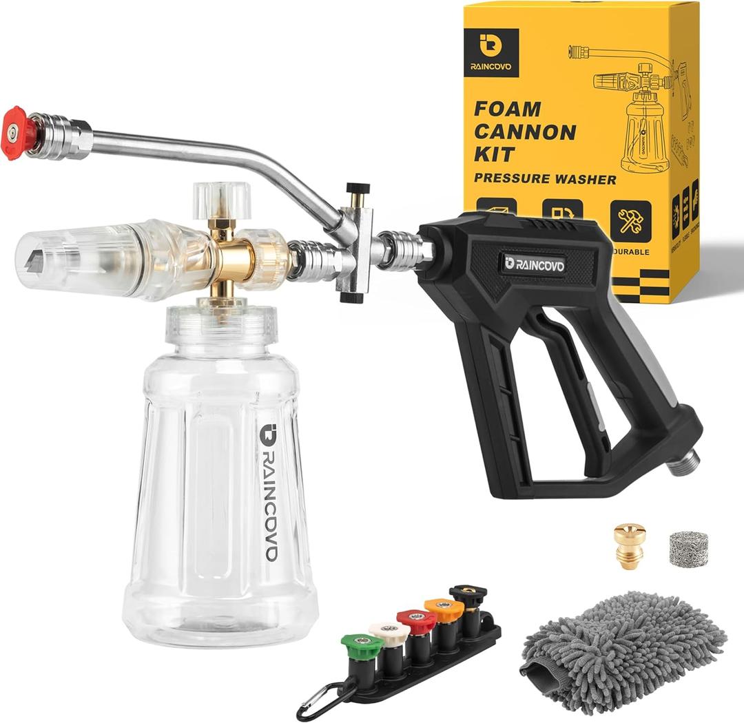 Raincovo Foam Cannon with Short Pressure Washer Gun, Dual Connector Accessories, Snow Soap Attachment for Car Wash, 5 Nozzles Tips with Holder, 1/4 Quick Connect, Additional 1.1 mm Orifice Nozzle