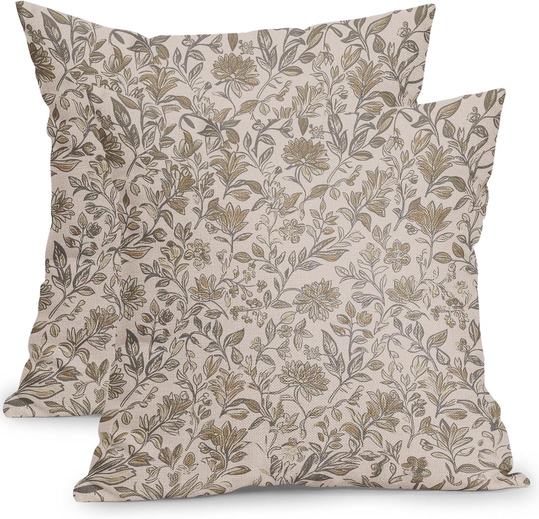 Vintage Floral Pillow Covers 18x18 Inch Set of 2 Antique Tan Gray Flower Outdoor Throw Pillows Neutral Traditional Square Cushion Case Decoration for Couch Home Decor