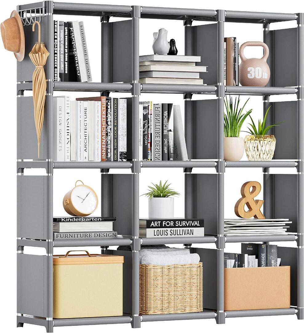 Mavivegue Book Shelf, 12 Cube Storage Organizer, DIY Bookcase, Metal Cube Bookshelf,Tall Book case for Bedroom, Living Room,Office,Closet Storage Organizer, Grey Cubicle Storage Rack