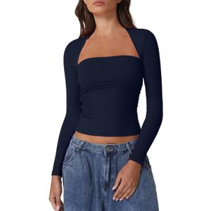 QINSEN Long Sleeve Square Neck Tops for Women Double Lined Side Ruching Going Out Shirts Basic Tee (X-Large, Navy)
