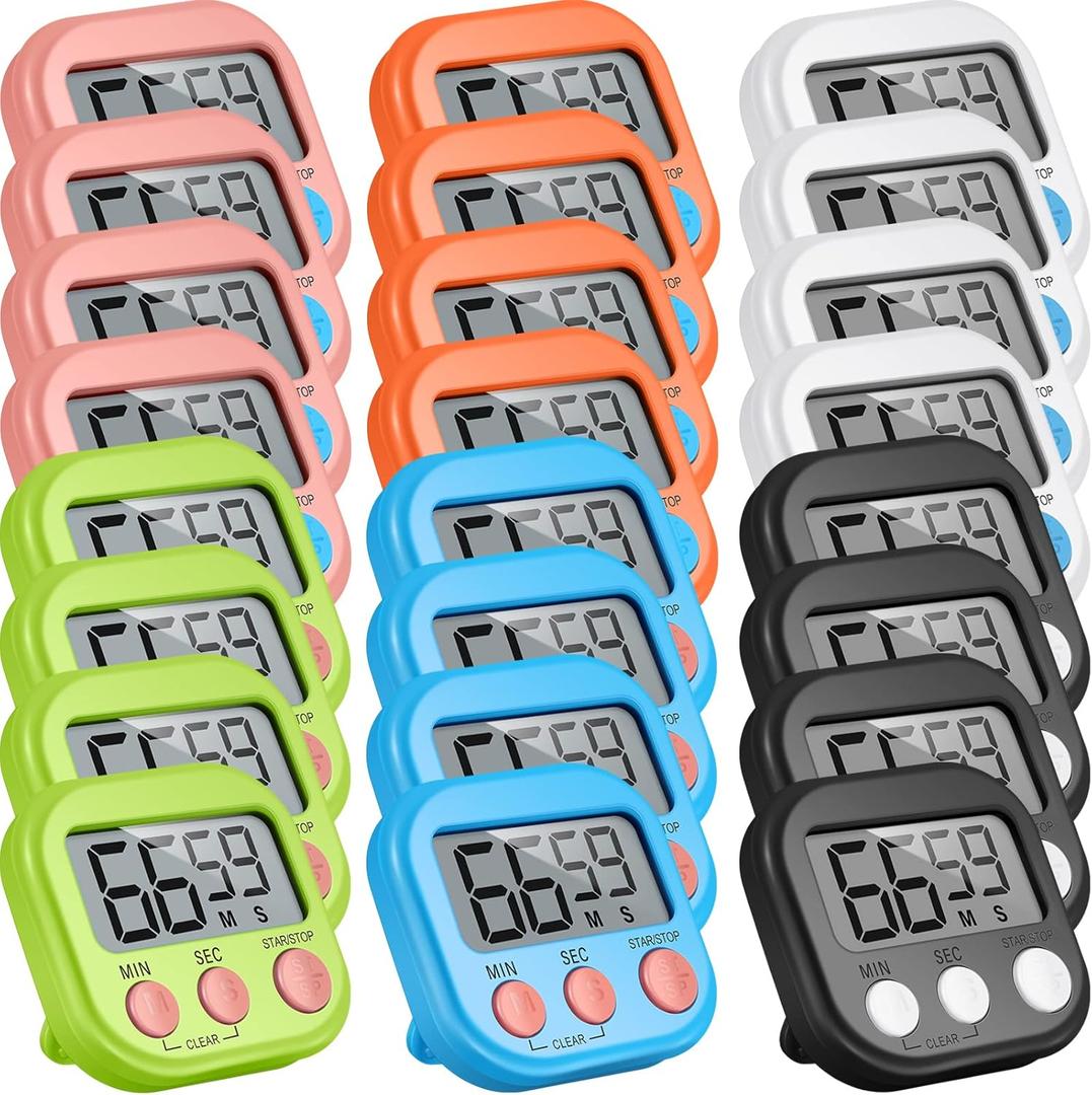 Weewooday 24 Pieces Digital Kitchen Timer Magnetic Timers for Classroom ON/Off Switch Minute Second Count up Countdown Big LCD Display Loud Alarm for Exercise Cook Baking Teacher Kid (Assorted Color) (Blue,green,orange,white)