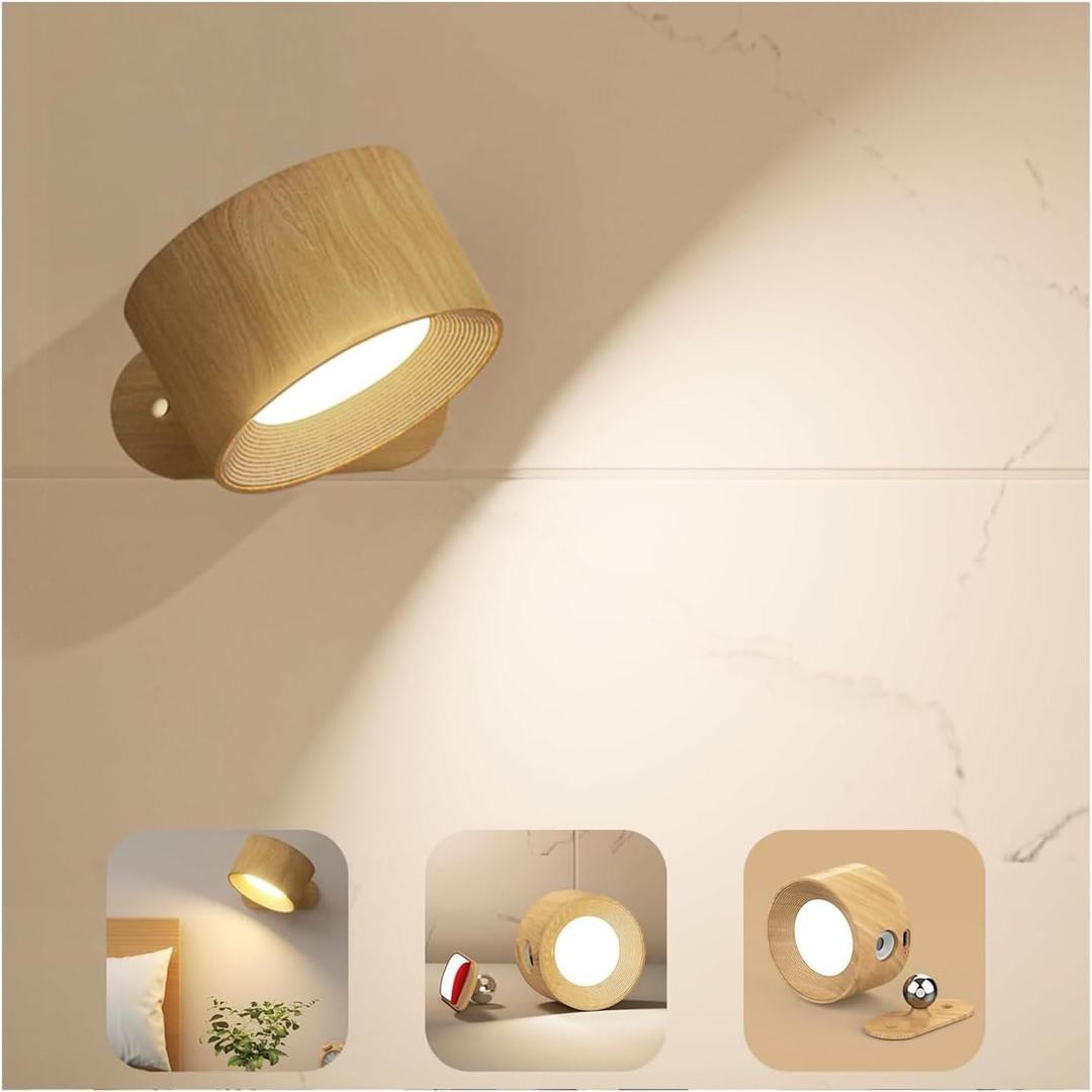 Battery Operated Wall Light, LED Wall Sconce with 3 Color Modes 3 Brightness Levels 360Rotation Lighting Touch Control, Wall Mounted Lamp Cordless Wall Lamp for Bedroom Reading Bedside-1Pack (1Pcs, Wood)