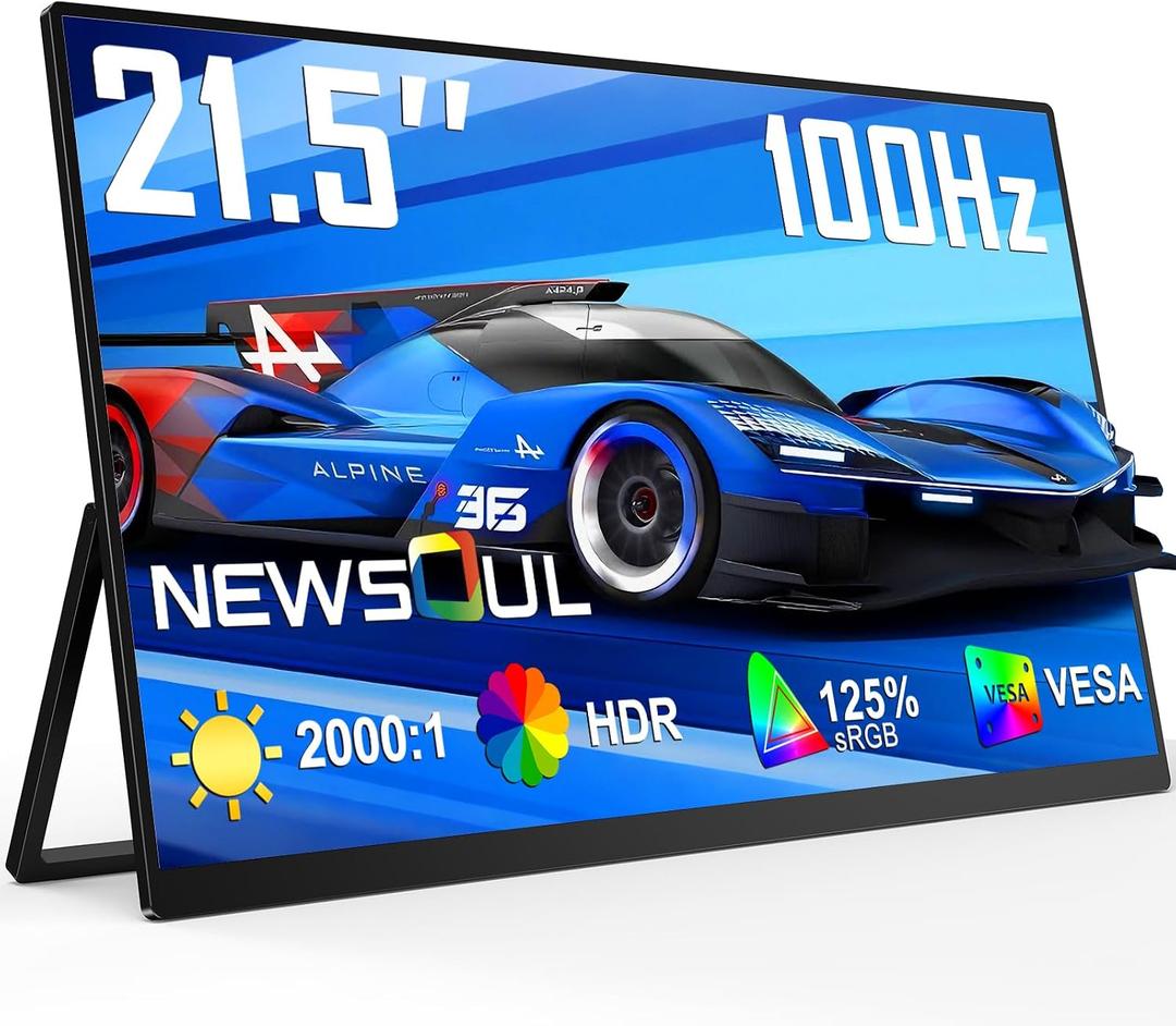 21.5'' Large Portable Monitor for Laptop 100Hz Ultra-Fast IPS Gaming Monitor, QLED 125%sRGB | 2000:1 Contrast | Built-in Stand, Speaker and VESA, USB-C HDMI Second Screen Efficient Work Gaming