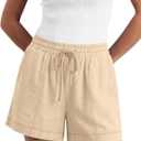 LOMON Women's Casual Linen Shorts Elastic Waisted Drawstring Summer Shorts with Pockets, Apricot Medium 