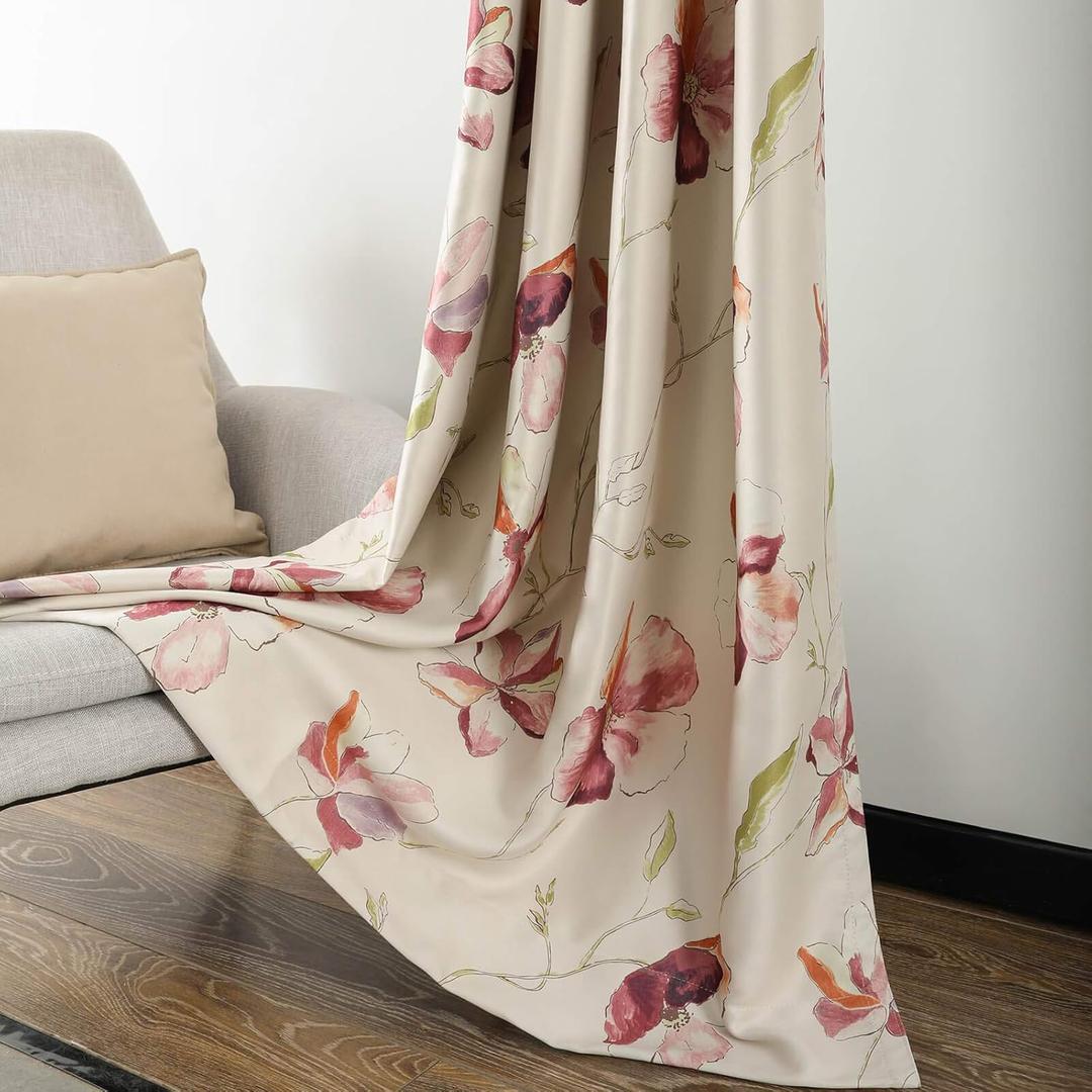 Leeva Wide Blackout Farmhouse Curtains for Sliding Door, Sun Light Block Window Treatment Curtain Thermal Insulated Linen Drapes for Girls' Room, 2 Panels, 52 x 96, Red Flowers