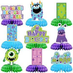 9Pcs Monster Birthday Party Decorations Blue Green Purple Honeycomb Centerpieces Cartoon Monsters Themed Table Toppers for Kids Birthday Baby Shower Party Supplies Table Decoration