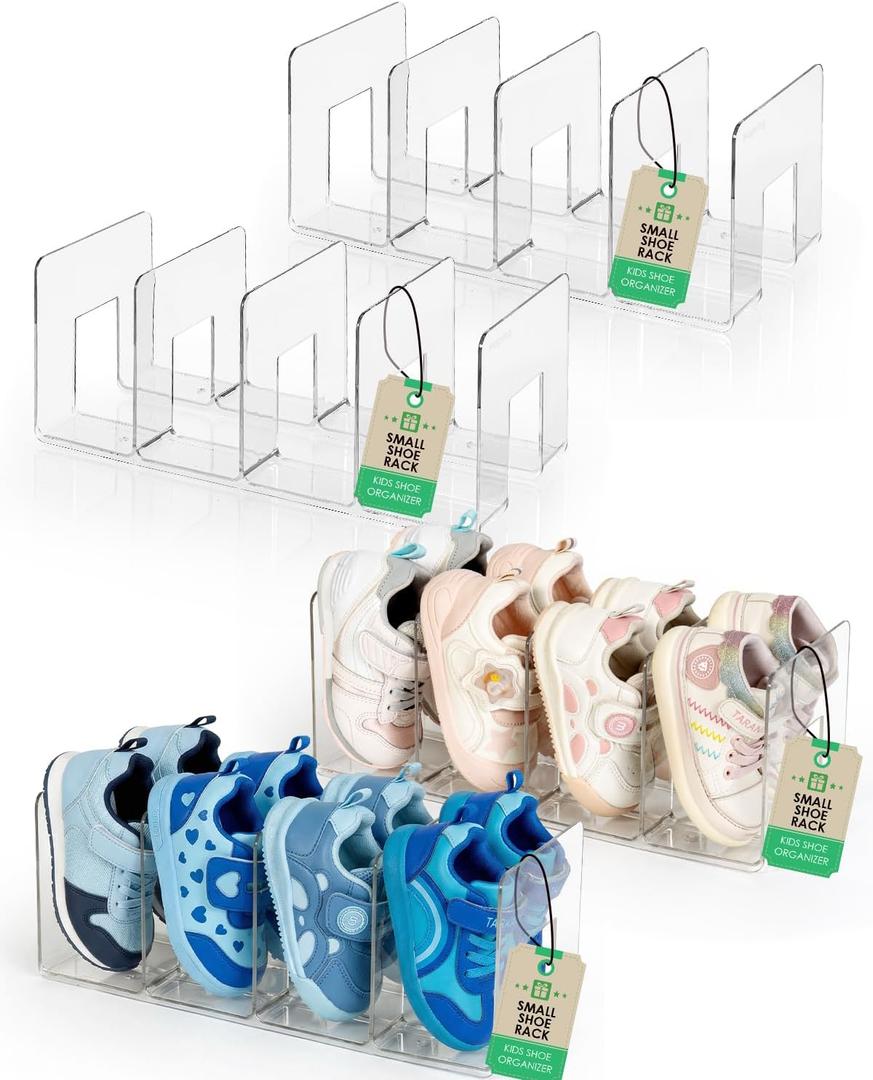 HAYVAN Kids Shoe Rack & Organizer, 4 Pack Clear Acrylic Baby Toddler Shoe Shelf, Stackable Closet Storage & Multi-Use Desk File Sorter Book Purse Organizer