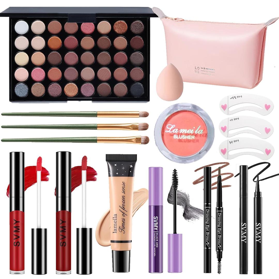 Makeup Set for Women, Makeup Full Kit for Beginners & Professionals, Travel Makeup Set for Teens & Adults, Makeup Gift Set for Girls, Eyeshadow Palette, Lip Gloss, Face & Eye Make up (40 Earth Colors Eyeshadow + 2Lip Gloss + Blush + Mascara + Pink Cosmetic Bag)