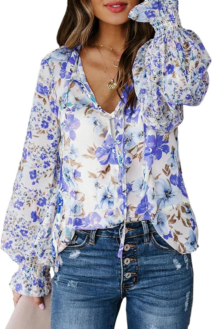 Biucly Women's Casual Boho Floral Print V Neck Long Sleeve Drawstring Tops Loose Blouses Button Down Shirts (X-Large, Blue)