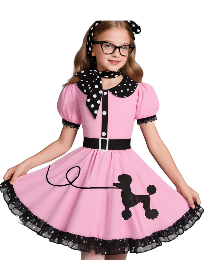 50s Costumes for Girls 50s Poodle Dress with Polka-Dot Printed Scarf for Kids Halloween Costume Large