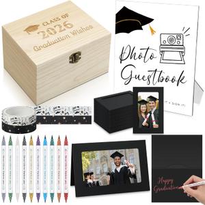 Epakh Class of 2026 Graduation Wishes Cards Box Graduation Party Photo Frame Note Cards for 4" x 6" Photos with 10 Metallic Markers 2 Washi Tape Wooden Keepsake Box for Grad Party Decor(Black Card)