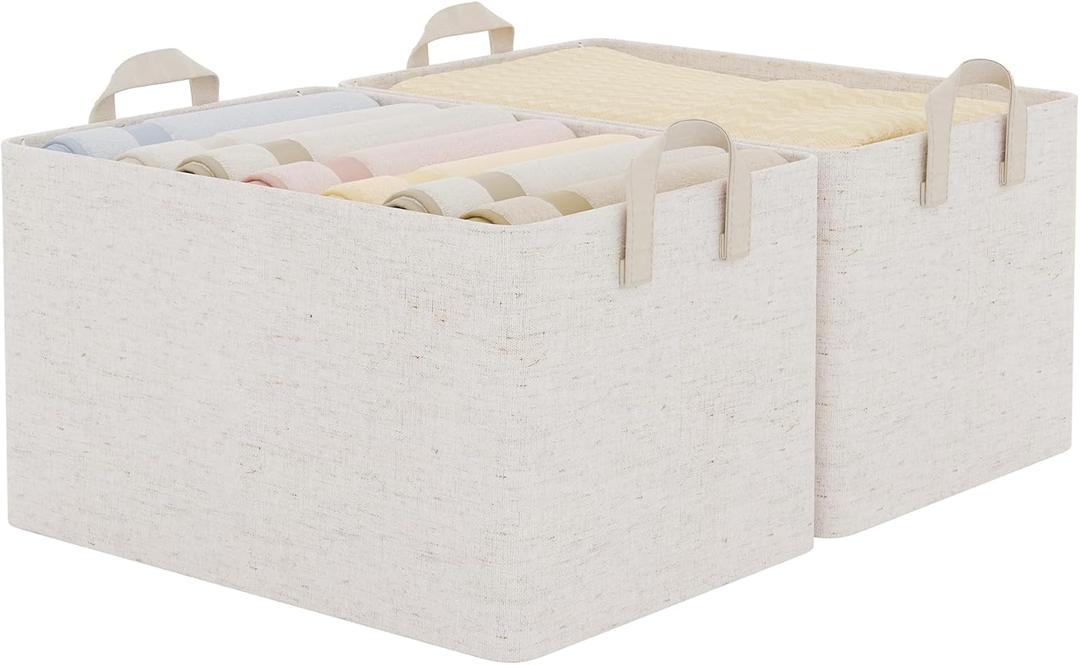 StorageWorks Storage Bins, Shelves Baskets for Organizing, Large Fabric Closet Organizers with Handles, Metal Frame, Beige-Cotton-linen, 2-Pack