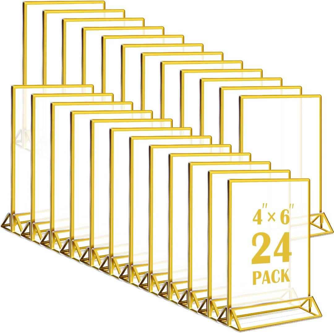 24 Pcs Gold Acrylic Sign Holder,4x6 Clear Table Sign Holder with Vertical Stand,Gold Frame Plastic Display for Restaurant Office School Wedding and Store
