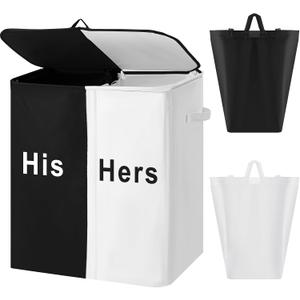 DoubleFill 154L Large Double Laundry Hamper with Lid and Removable Bags Laundry Basket 2 Section Collapsible Dirty Clothes Hamper for Bathroom Bedroom for Husband&Wife Parents or Couple(His Hers)