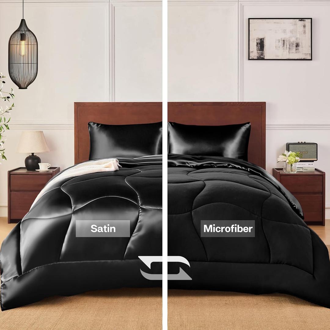MR&HM Queen Comforter Set Black, Reversible Satin Microfiber Comforter Set for All Seasons, 3 Pieces Non-Slip Silky Soft Bedding Sets with 1 Comforter (90"x90") and 2 Pillowcases (20"x26")