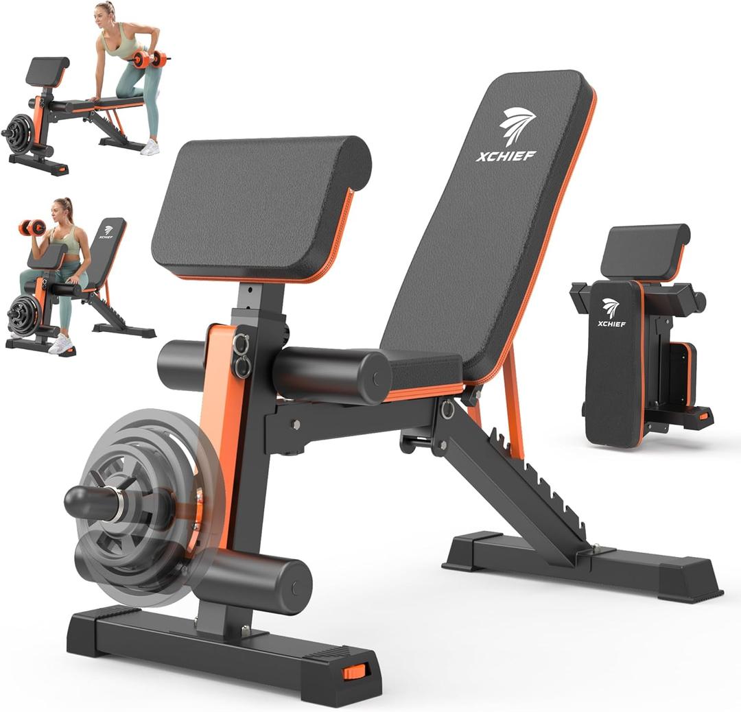 Adjustable Weight Bench - 1000LBS Capacity Heavy Duty Foldable Workout Bench for Full Body Exercise, Flat/Incline/Decline, Bench Press for Home Gym with Preacher Pad & Leg Extension (Orange Black)