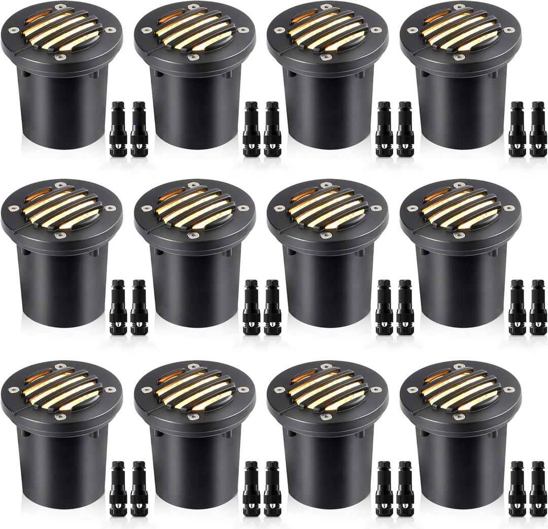 SUNVIE 12W Low Voltage Landscape Lighting with Connectors 1200LM Ultra Bright Well Lights Landscape LED In Ground Waterproof Outdoor Warm White Paver Lights for Garden Yard Driveway 12 Pack