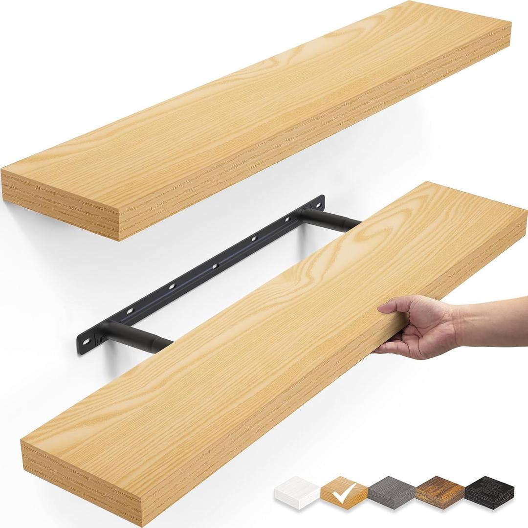 BAYKA Floating Shelves, 22.5 inches Wall Mounted Wood Shelves for Bathroom, Bedroom, Living Room, Kitchen, Hanging Shelf for Books/Storage/Decor (Oak-Toned,Set of 2) (E. Light Oak-toned - Mid-century Revival Style)