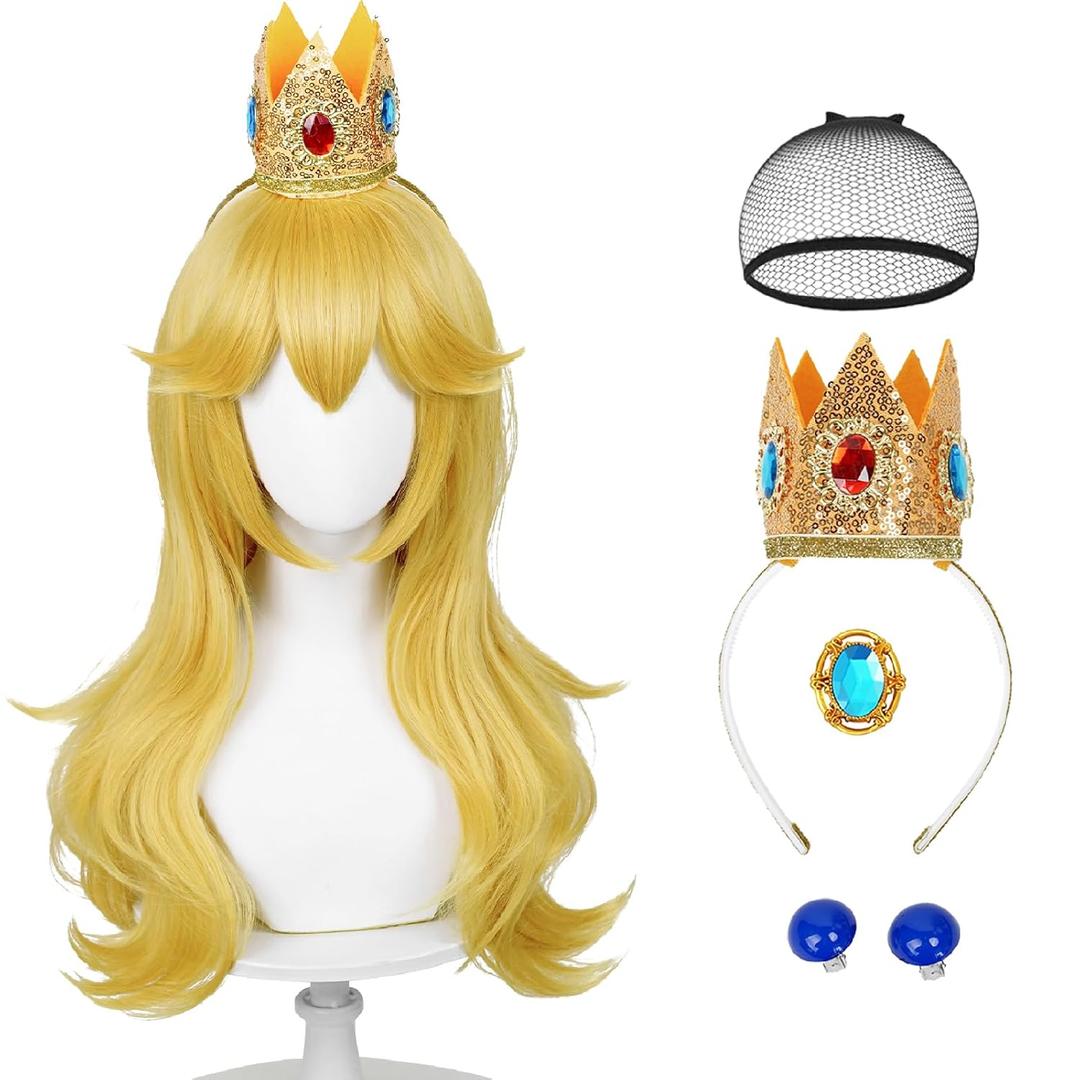 Wiggy Mermaid Blonde Wavy Wig for Adult, Long Golden Cosplay Wigs + Crown Brooch Earrings Accessories + Wig Cap for Halloween Costume Party