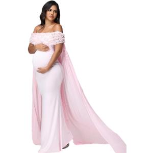 JustVH Women's Maternity Mesh Off Shoulder Chiffon Maxi Photoshoot Dress for Baby Shower Cloak Outfit Maxi Photography Gown (Pink, M)