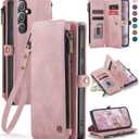 Defencase Compatible with Samsung Galaxy S24 Case Wallet with RFID Blocking Card Holder for Women Men, PU Leather Magnetic Snap Flip Zipper Strap Wallet Phone Case Fit for Galaxy S24 5G 6.2", Pink