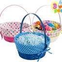 JOYIN 3 Pcs Easter Bamboo Baskets with Polka Dots Lining and Handle, Woven Easter Eggs Hunting , Wicker Candy Toys Storage Baskets for Picnic, Gift Packing, Party Favors Decorations(10" X 12")
