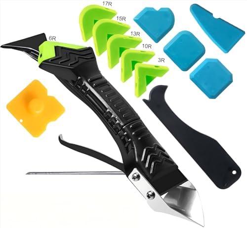 Caulking Tool 5 in 1 Silicone Caulking Grout Removal Sealant Finishing Tool with Grout Scraper, 6 Exchange Silicone Pads, Adhesive Residue Scraper Seam Repair Kit for Kitchen Bathroom