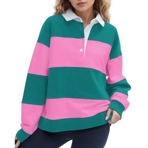 SHBECYDE Women Striped Color Block Polo Sweatshirt Lapel Collared Long Sleeve Oversized Rugby Shirt 2025 Trendy Fall Clothes Pink-Green, Size Large